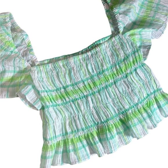 Zara smocked crop top puff sleeve green size large - Picture 5 of 11